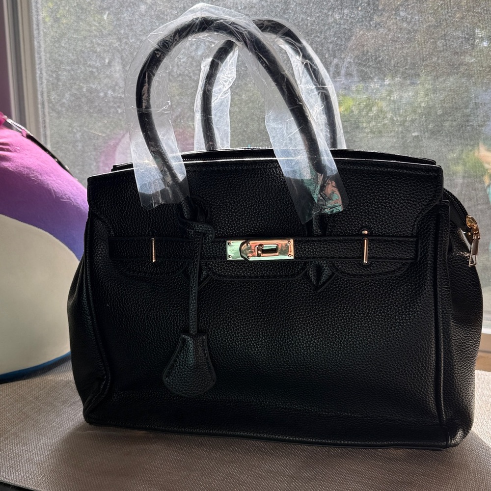 Classic Black Pebbled Satchel with Gold-Tone Hardware